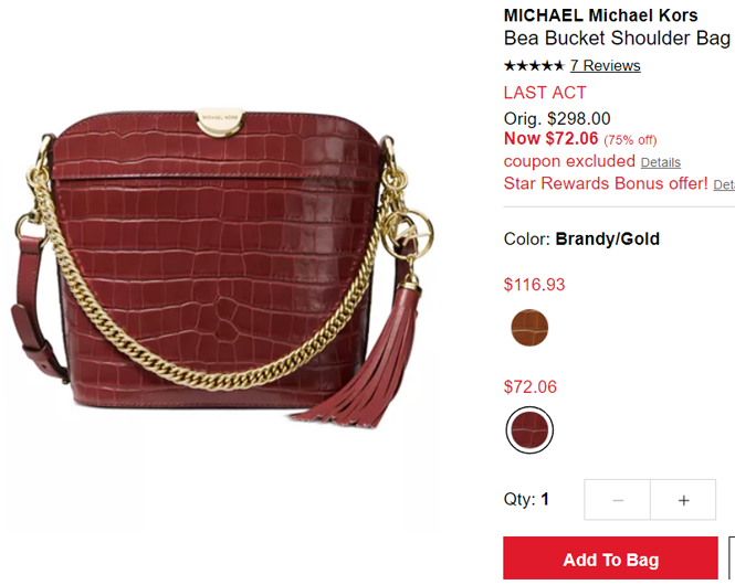  Michael Kors MK水桶包2.5折$72.06 转运到手约626元