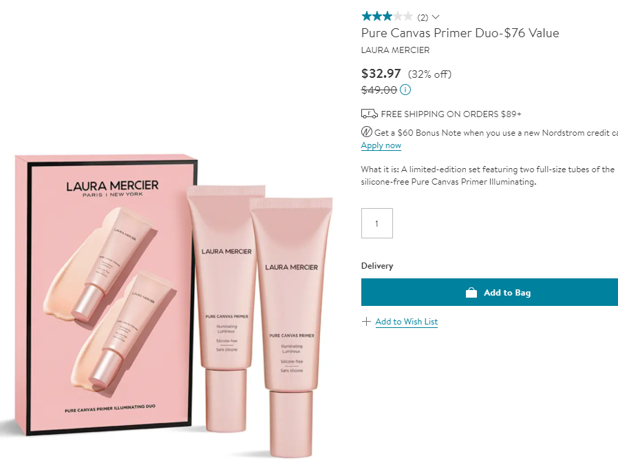 Laura Mercier Pure Canvas 明亮水光妆前乳 2支装（价值$76） 68折$32.97